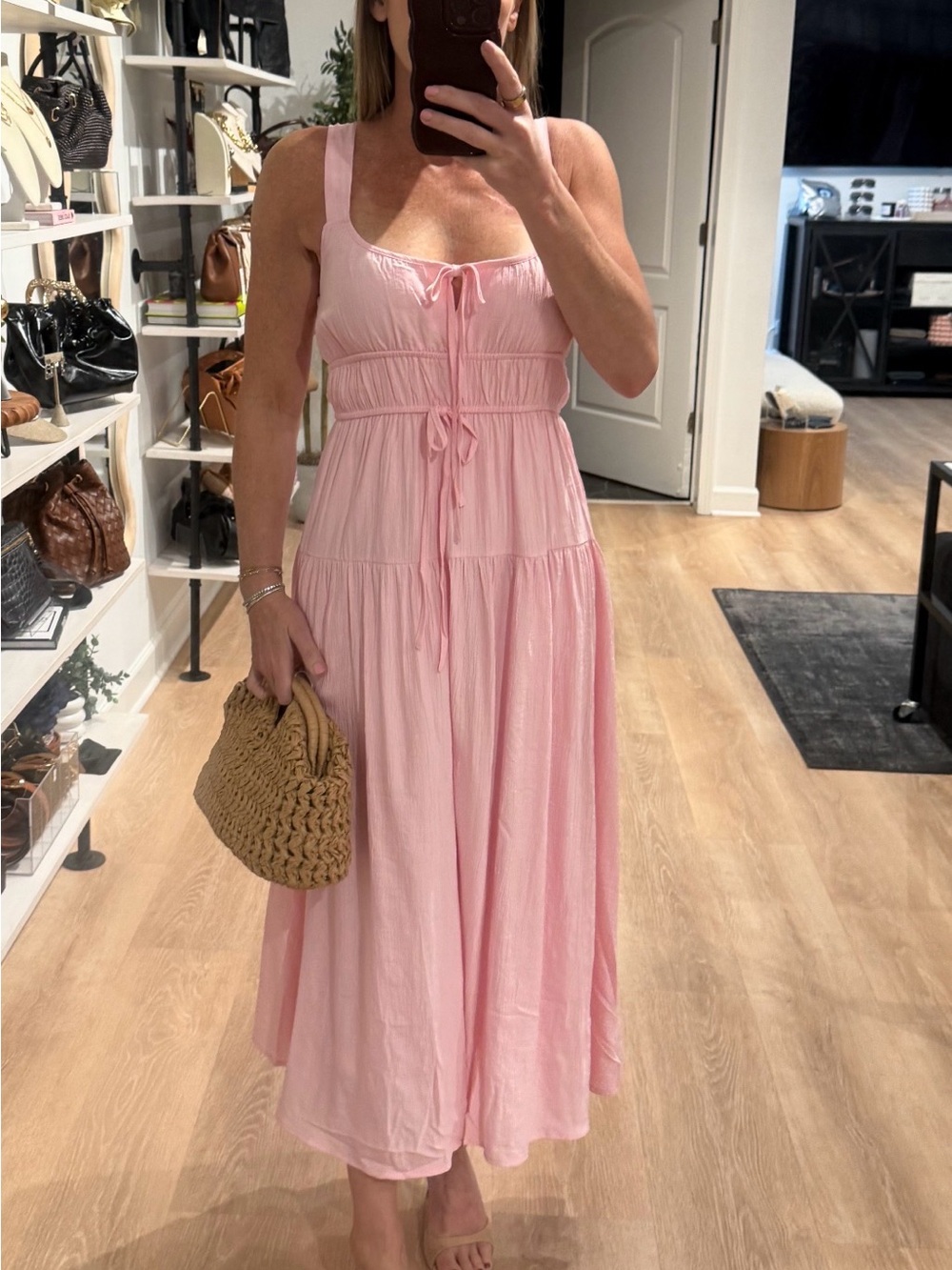 Workshop Republic Clothing Pink Tiered Midi Dress with Ties